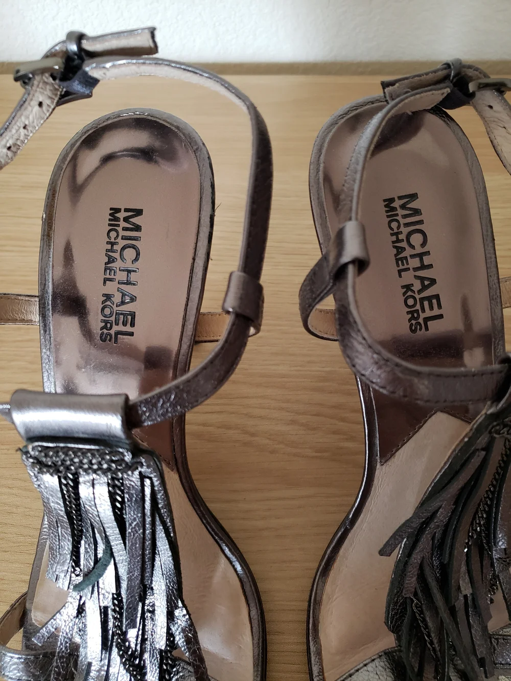 Michael Kors Metallic Gunmetal T-Strap Fringe Sandals